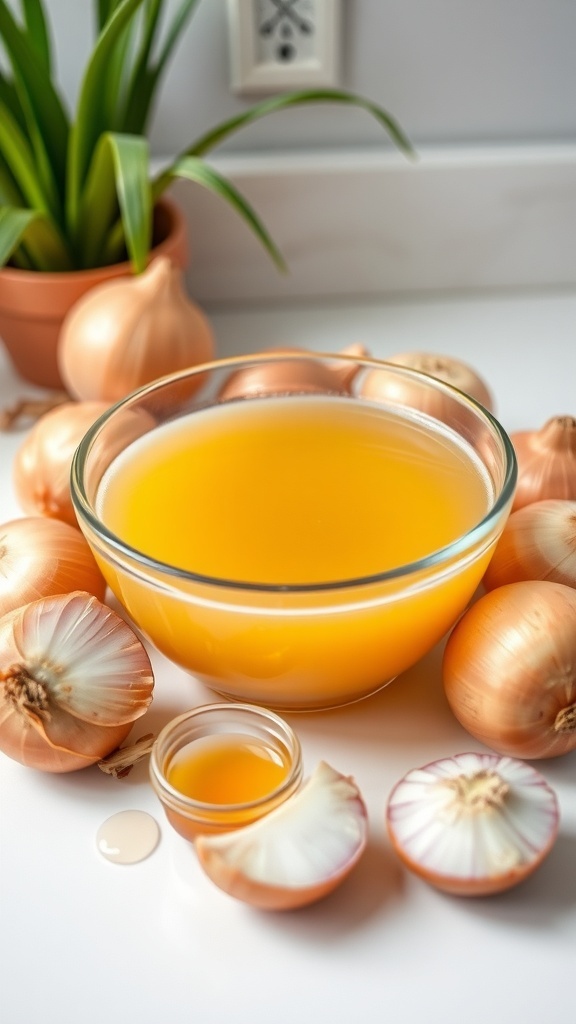 Onion Hair Mask for Promoting Hair Growth A bowl of onion juice with whole onions and honey on a kitchen countertop.